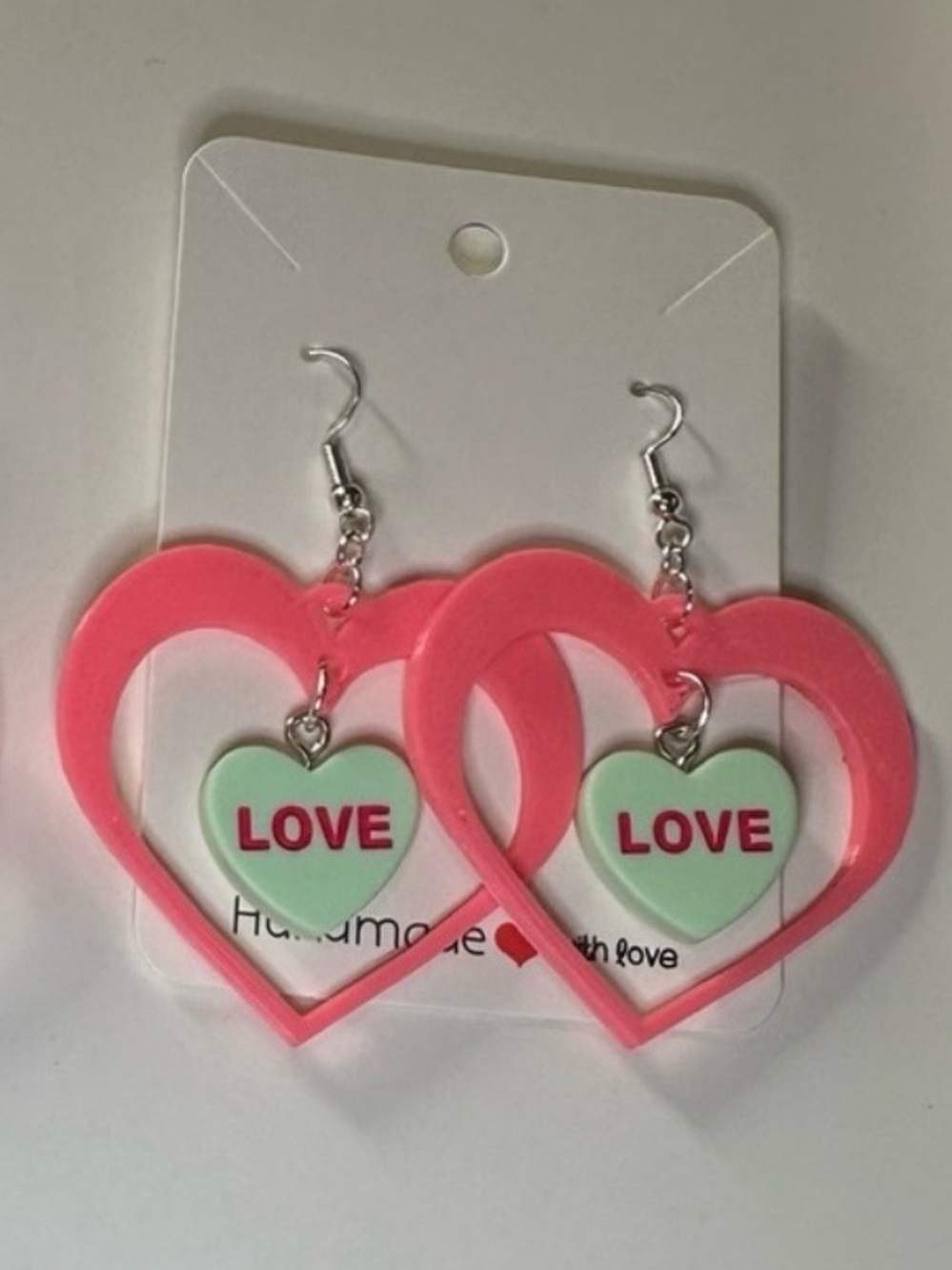 Handmade Pink Heart 'LOVE' Dangle Earring NEW